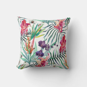 Almofada Padrão de Flores e Folhagens Tropicais Vibrantes