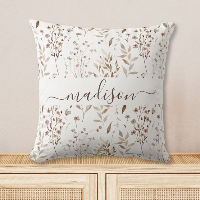 Almofada Padrão de Flores e Folhas Bonitas Marrom Boho Mono (In situ)