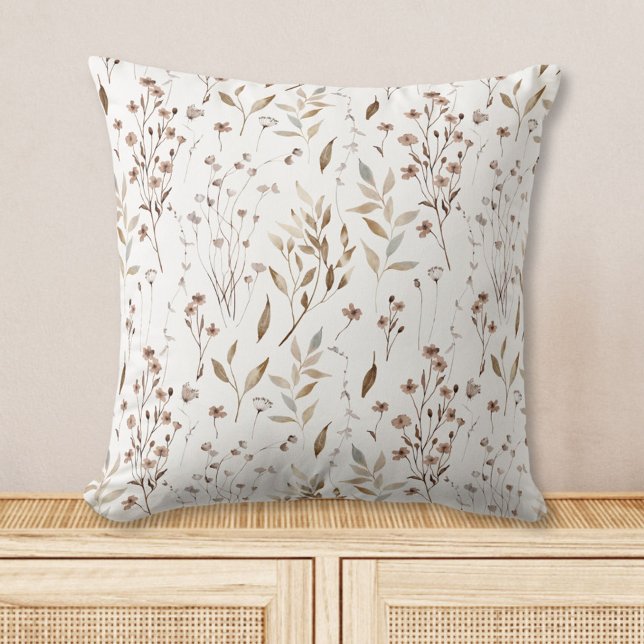 Almofada Padrão de Flores Folhas Bonitas Marrom Boho Rústic (In situ)