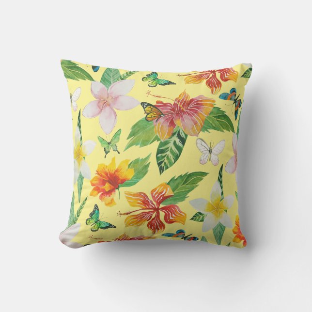 Almofada Padrão de Flores Tropicais e Borboletas (Frente)
