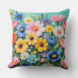 Almofada Padrão de Flores Vibrantes de Primavera em Aquarel