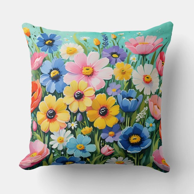 Almofada Padrão de Flores Vibrantes de Primavera em Aquarel (Frente)