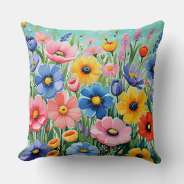 Almofada Padrão de Flores Vibrantes de Primavera em Aquarel