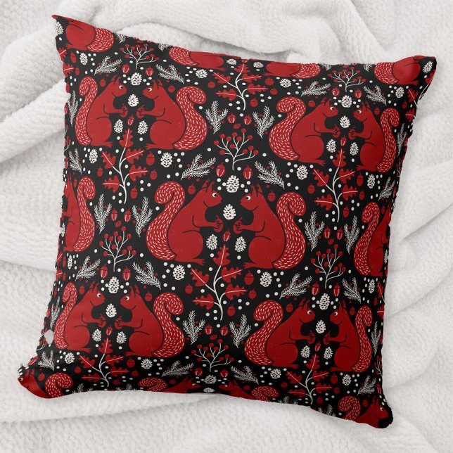 Almofada Padrão de Floresta de Esquilo (Squirrels in the Forest woodland art throw pillow)