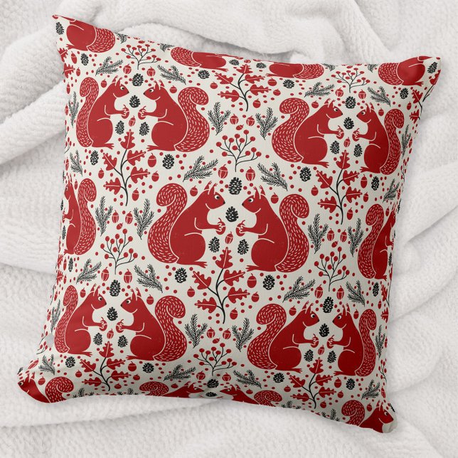 Almofada Padrão de Floresta de Esquilo (Squirrels in the Forest woodland art throw pillow)