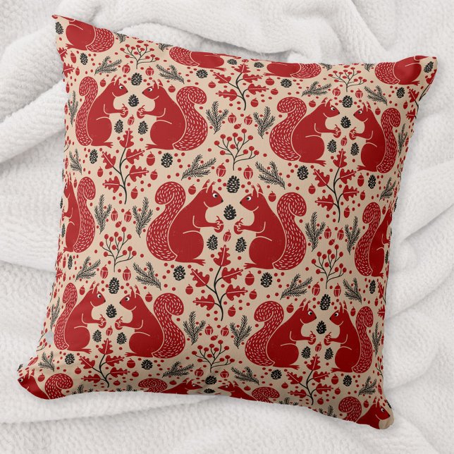 Almofada Padrão de Floresta de Esquilo (Squirrels in the Forest woodland art throw pillow)