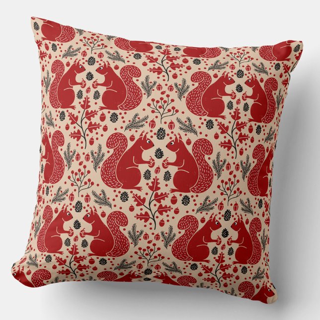 Almofada Padrão de Floresta de Esquilos (Squirrels in the Forest woodland art throw pillow)