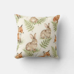 Almofada Padrão de Floresta de Raposa e Coelho em Aquarela