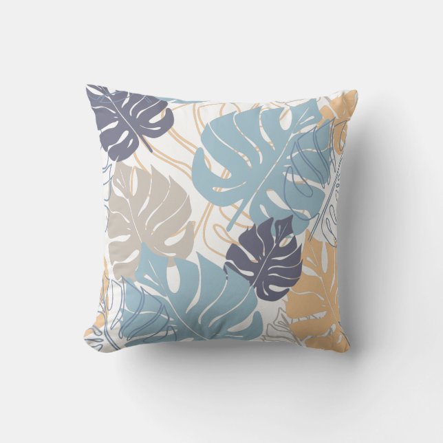 Almofada Padrão de folha monstera azul e amarelo (Frente)