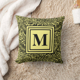 Almofada Padrão de Folhagem Amarelo e Preto do Monograma Mo
