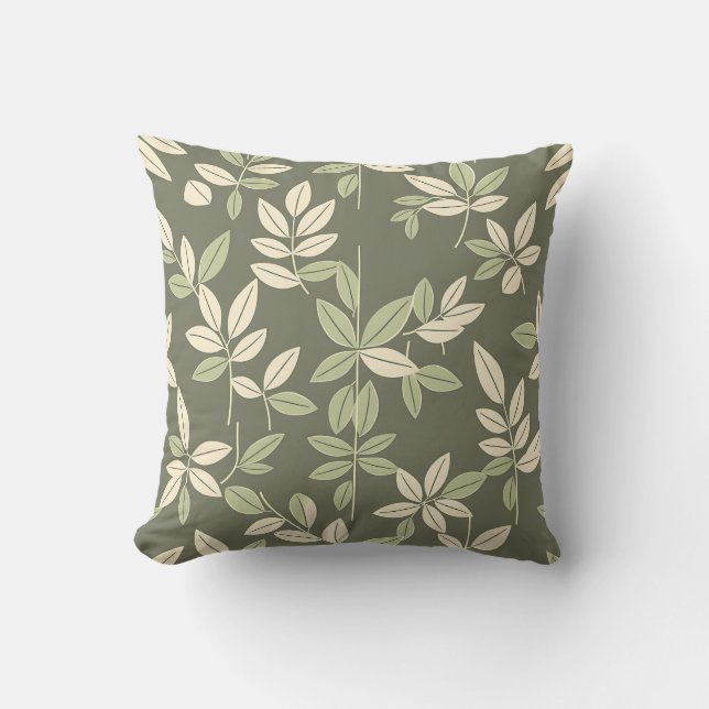 Almofada Padrão de Folhas Botânicas Olive Sage  (Frente)