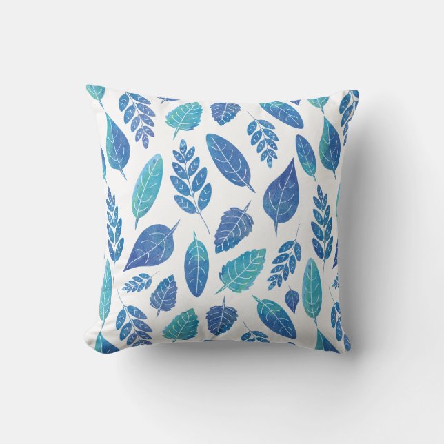 Almofada Padrão de Folhas de Aquarela Azul (Frente)