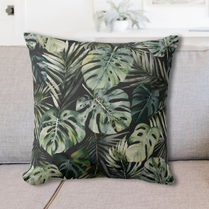 Almofada Padrão de Folhas de Floresta Tropical Verde Aquare