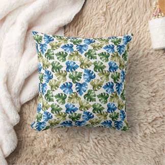 Almofada Padrão de folhas de monstera azul e verde