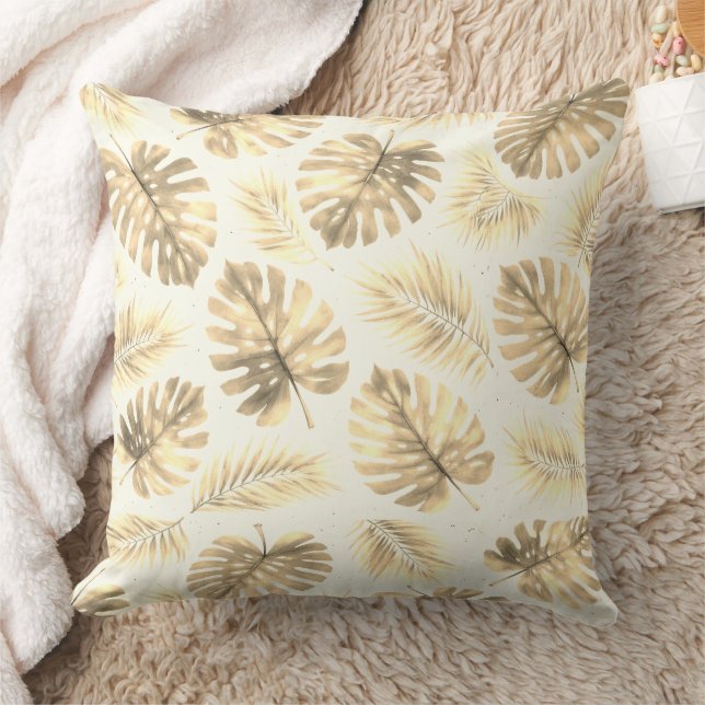 Almofada Padrão de Folhas de Monstera e Palmeira Neutro (Cobertor)