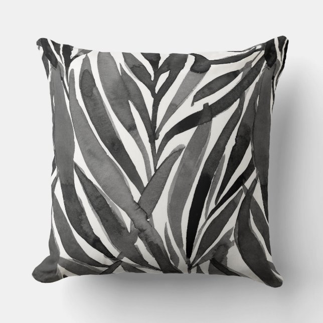 Almofada padrão de folhas em aquarela preto e branco (Frente)