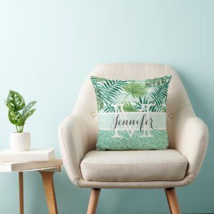 Almofada Padrão de Folhas Tropicais de Palma Verde de Retor