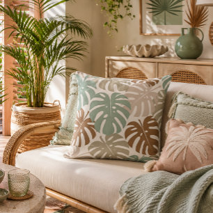 Almofada Padrão de Folhas Tropicais Monstera em Tons Terros