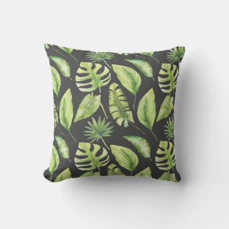 Almofada Padrão de Folhas Tropicais Verdes Preto Botânico