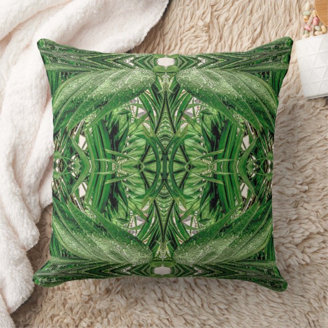 Almofada Padrão de Folhas Verdes e Gotículas de Chuva (Cobertor)