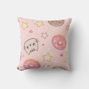 Almofada Padrão de Gato Kawaii, Donut e Estrela 