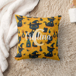 Almofada Padrão de Gatos Pretos Fofos Laranja no Halloween 