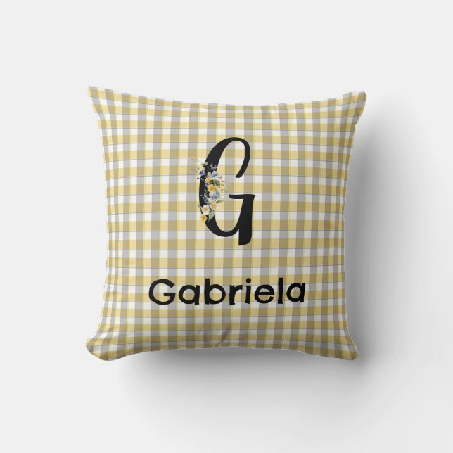 Almofada Padrão de gingão de flor com monograma amarelo e c (Frente)