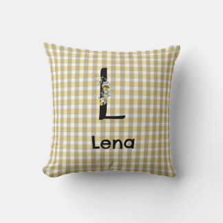 Almofada Padrão de gingão de flor monograma amarelo cinza