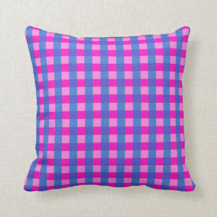 Almofada Padrão de Gingham Azul e Rosa Chocante