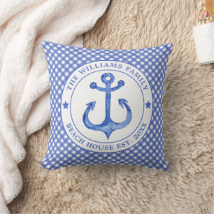 Almofada Padrão de Gingham Azul Náutico - Family Beach Ho