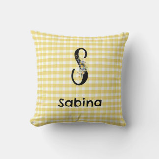 Almofada padrão de gingham de flor de aquarela inicial de m