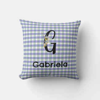 Almofada Padrão de gingham de flor de monograma azul verde