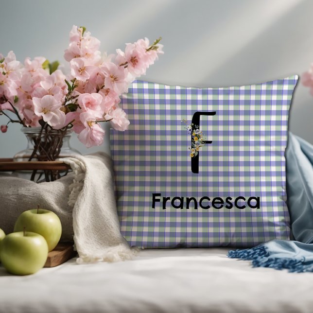 Almofada Padrão de gingham de flor de monograma azul verde (Criador carregado)