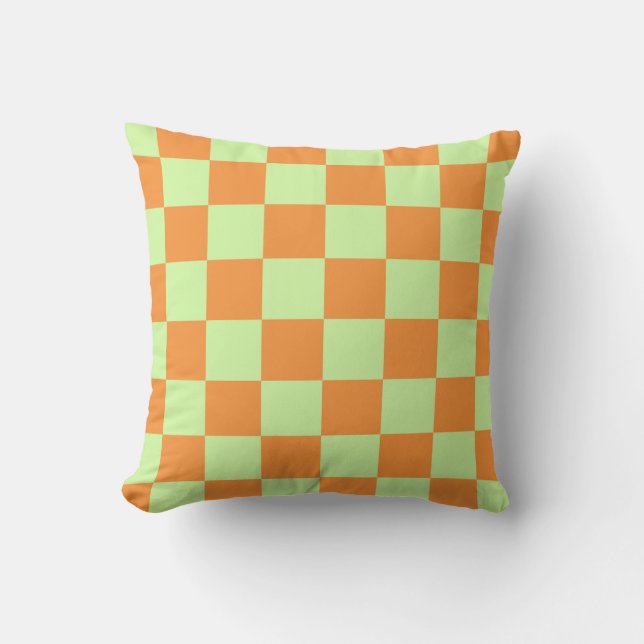 Almofada Padrão de Gingham Verificado em Laranja Verde (Frente)