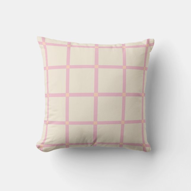 Almofada Padrão de Grade Bege e Rosa Suave (Frente)