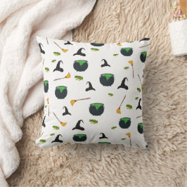 Almofada Padrão de Halloween da Bruxa Broom Caldron