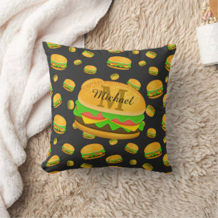 Almofada Padrão de hambúrguer delicioso e divertido Monogra