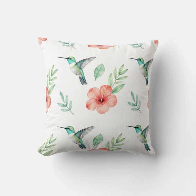 Almofada Padrão de Hibisco Beija-flor Turquesa (Frente)