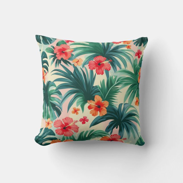 Almofada Padrão de Hibisco Tropical e Folhas de Palma (Frente)