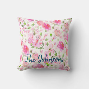 Almofada Padrão de Jardim Floral de Cor de Água Rosa
