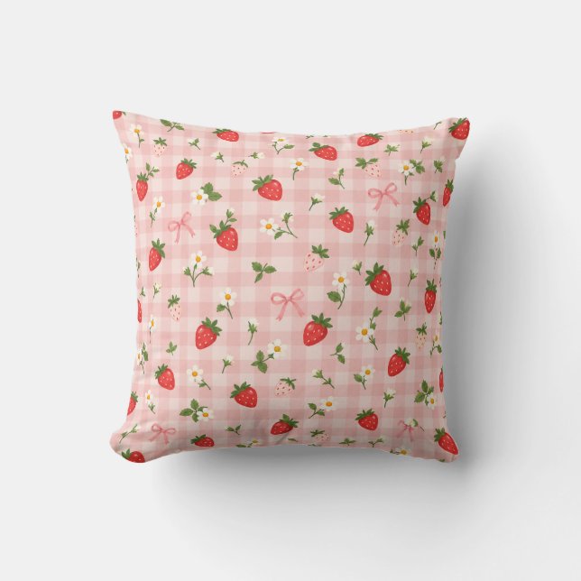 Almofada Padrão de Laço de Morango com Xadrez Rosa (Frente)