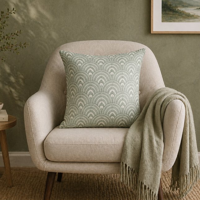 Almofada Padrão de Leque Art Deco Verde Sage (Criador carregado)