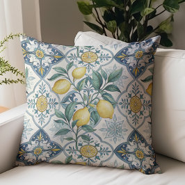 Almofada Padrão de Limão Country Francês com Azulejo Azul