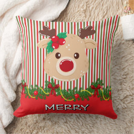 Almofada Padrão de Listra de Natal Retro & Renas Personaliz