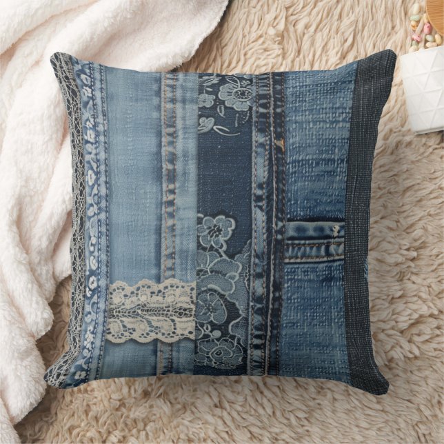 Almofada Padrão de Listra de Renda de Denim Índigo (Cobertor)