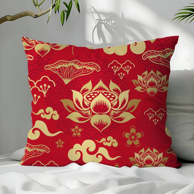 Almofada Padrão de Lotus Dourado Vermelho Asiático Oriental (Criador carregado)