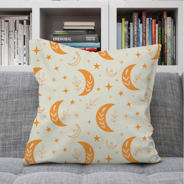Almofada Padrão de lua e estrelas Boho laranja   (Criador carregado)