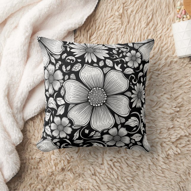 Almofada Padrão de Luxo Floral Monocromático Chic (6) (Cobertor)