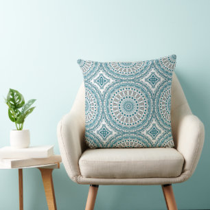 Almofada Padrão de Mandala Abstrato em Verde-Azul e Marfim