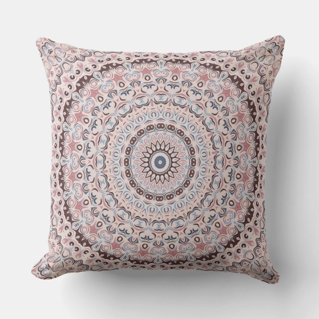 Almofada Padrão de Mandala Boho Rosa e Azul (Frente)